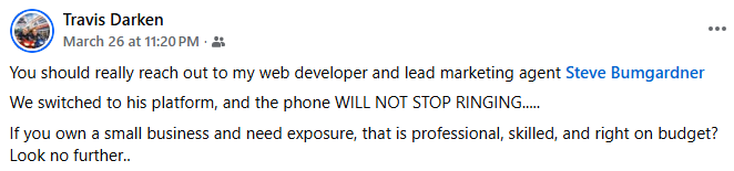 Five-star review from Travis Darken praising the service that helped his motorcycle shop grow